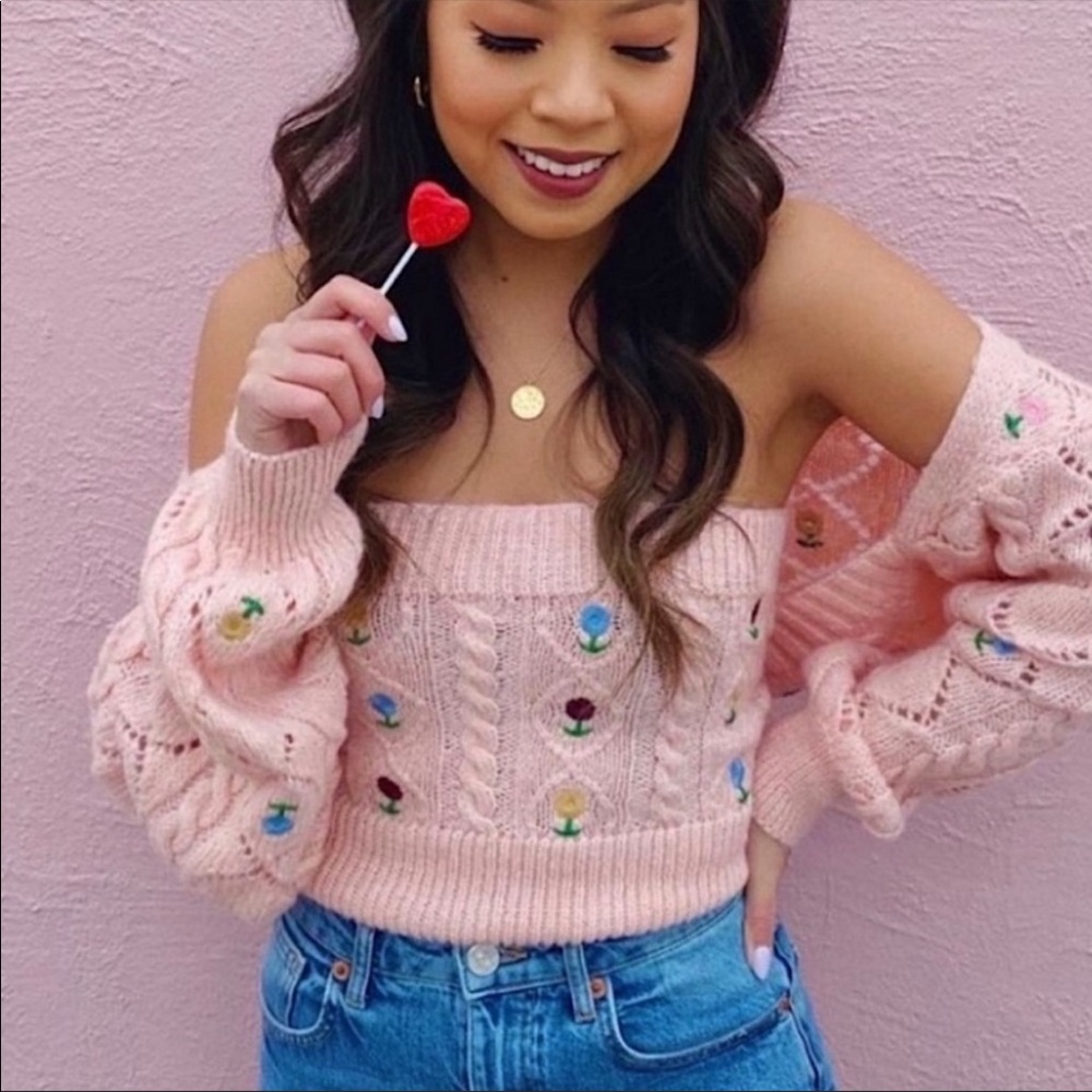 NWT ZARA | Pink Knit Embroidered Floral Bandeau Top women size Small - Picture 2 of 10